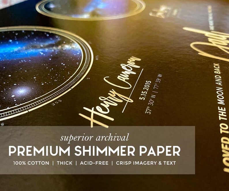 May include: A gold-toned print with a black background featuring a star map with a blue nebula. The print includes the text "Henry Camp" and the date "5.15.2015" along with coordinates. The text "Loved to the moon and back" is also included. The print is made with premium shimmer paper, 100% cotton, thick, acid-free, and has crisp imagery and text.