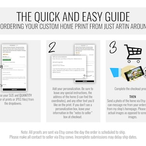 May include: A three-step guide to ordering a custom home print from Just Artin Around. The guide includes choosing the size and quantity, adding personalization, and completing the checkout process. The guide also includes a note that all proofs are sent via Etsy convo the day the order is scheduled to ship.