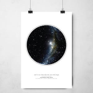 May include: A black and white star map print with a circle around the stars. The text "and it was then that the stars did align" is below the map. The text "ALEXANDER JAMES SMITH" and the date "18 OCTOBER 2017 | 8:43 PM | BROOKLYN, NEW YORK" are below the text.