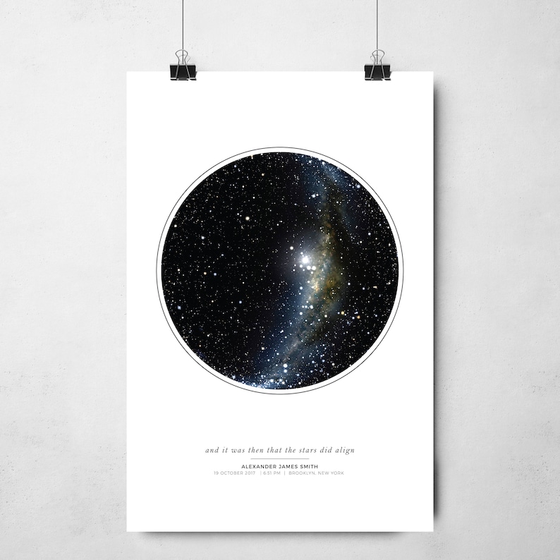 May include: A black and white star map print with a circle around the stars. The text "and it was then that the stars did align" is below the map. The text "ALEXANDER JAMES SMITH" and the date "18 OCTOBER 2017 | 8:43 PM | BROOKLYN, NEW YORK" are below the text.