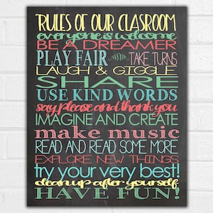 Classroom Rules Chalkboard Print in various sizes for teacher from students playroom learn read share dance play school appreciation