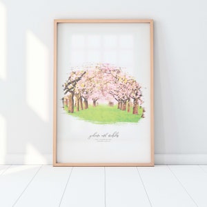 May include: A watercolor print of a path lined with pink cherry blossom trees. The text "johanna und nicklas" is printed below the image.