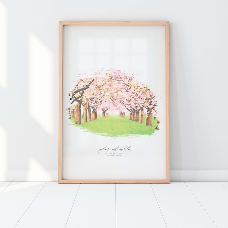 May include: A watercolor print of a path lined with pink cherry blossom trees. The text "johanna und nicklas" is printed below the image.