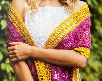 Handmade Crochet Shawl - as featured in Delicious Crochet Shawls book - fuchsia and mustard colour - Merino wool