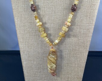 Butter Yellow Glass Pendant and Agate Beaded Necklace