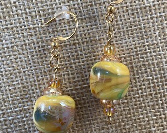 Flameworked Glass Earrings -- Yellow, Purple, Green & Gold