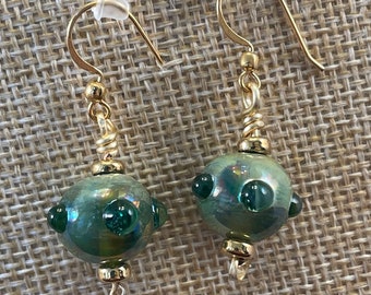 Flameworked Glass Earrings -- Iridescent Green & Gold