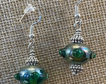 Flameworked Glass Earrings -- Iridescent Green & Silver