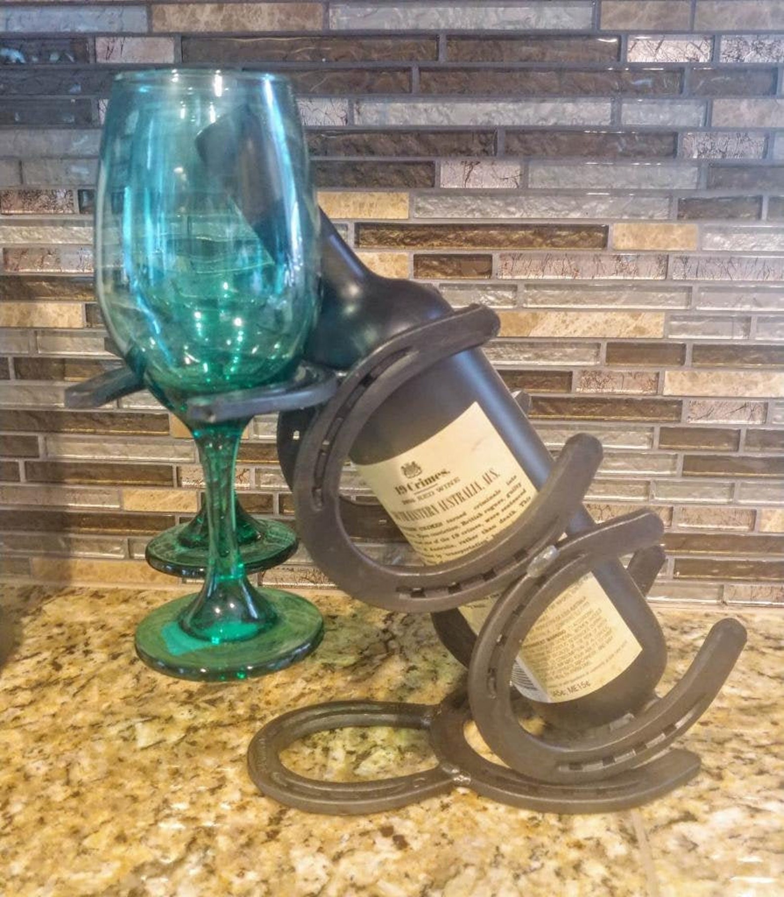 Horseshoe Wine Bottle and Stem Glass Holder Etsy