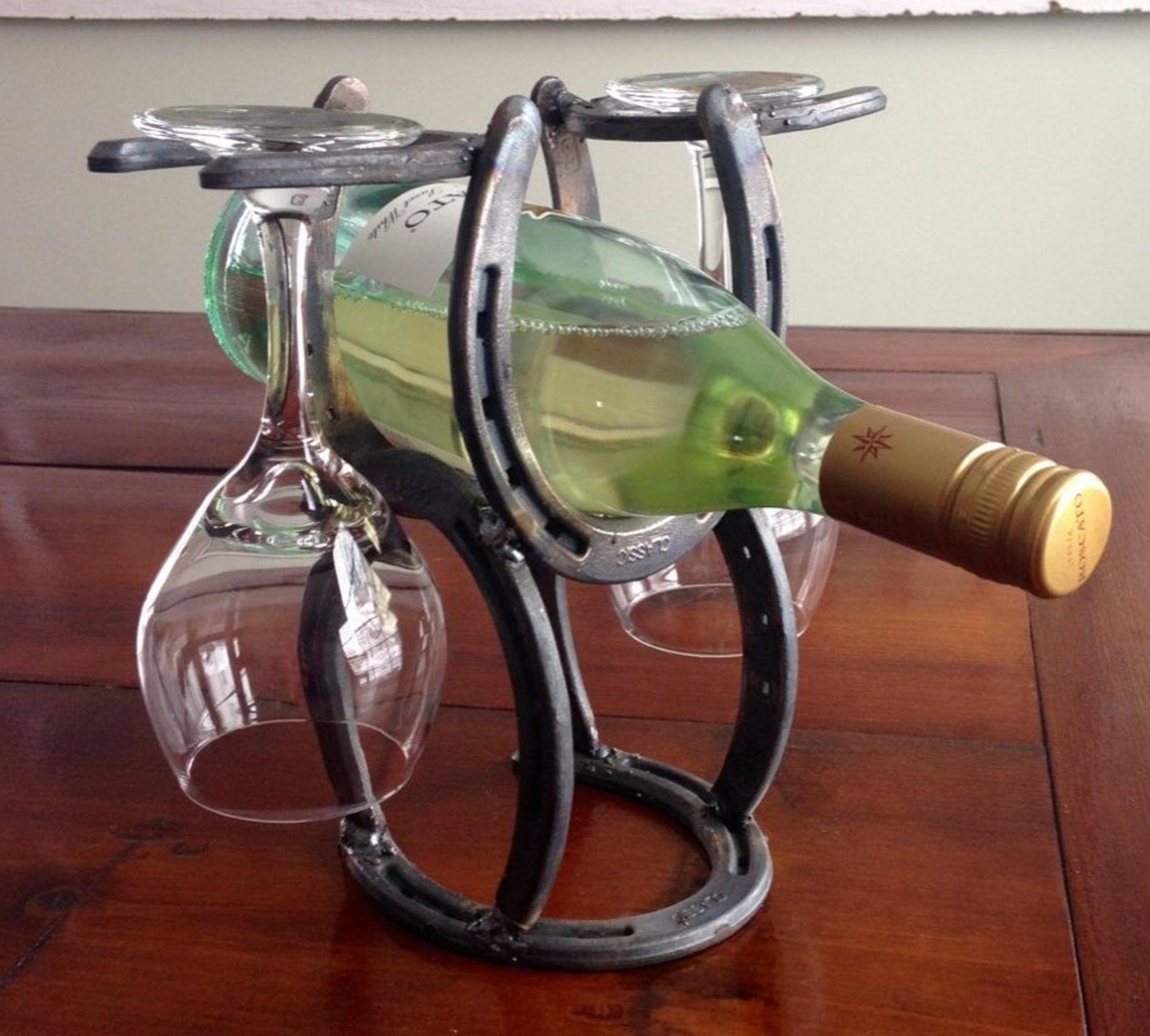 Horseshoe wine bottle and glass holder Etsy