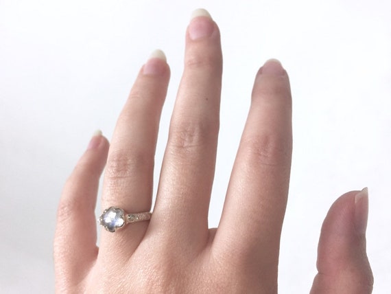 High Polish Sterling Silver 7mm Hexagonal Moonstone Solitaire Ring with Natural Coral Texture Band