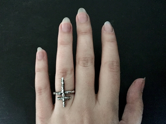 Unisex Lorraine Cross Symbol Rune Ring in Dark Witchy Oxidized 925 Sterling Silver