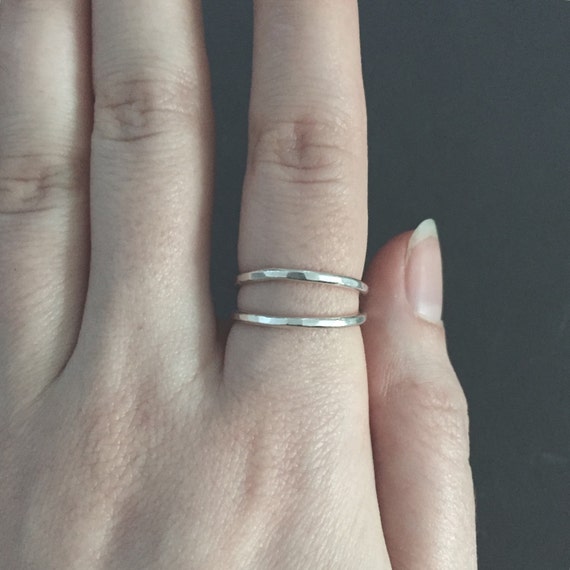 Thin Silver Band Stackable Hammered Double Banded Sterling Silver 925 Midi Ring Faceted with Oxidized Clusters