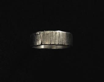 CREVICE: Unisex Wedding Engagement Band Textured Ring Rough Striped Natural Surface Striation Band Oxidized Solid Sterling 925 Silver