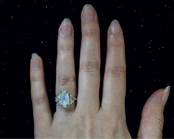 Diamond Marquise Cut 7mm x 14mm Moonstone Flash Ring Solitaire set in High Polish Solid 925 Sterling Silver 6 Prongs