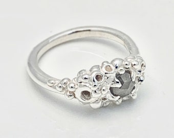 LICHEN: Salt and Pepper Diamond Solitaire Ring in Sterling Silver with Lichen Bubble Texture Detail