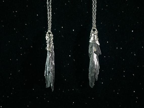Witchy Broom Organic Texture Sterling Silver Kyanite Broomstick Pendant on Stainless Steel Chain