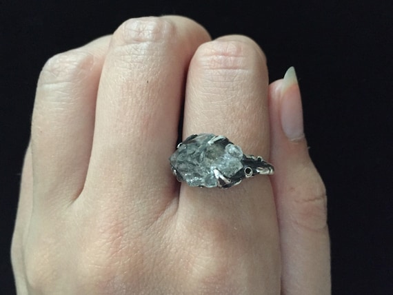 Black Tibetan Quartz Herkimer Diamond Cluster Ring Solitaire in Solid Sterling Silver and Lichen Details 925