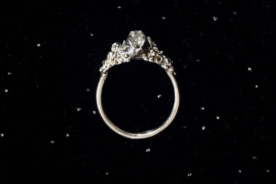 Solid Herkimer Diamond Quartz Ring Solitaire set in High Polish Solid Sterling Silver 925 with Bubble Detail