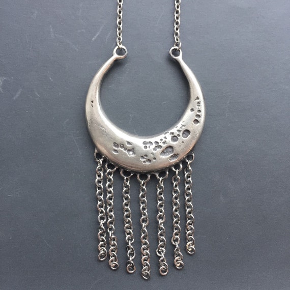 Silver Crescent Moon Necklace Solid Sterling Silver Moon Phase Stainless Steel Full Fringe Necklace Pendant