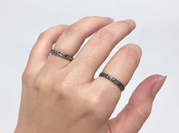 Dark Oxidized Solid Sterling Silver Reef Ring with Natural Coral Texture Wedding or Stacking Band