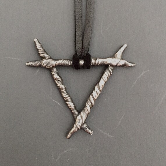 Unisex Fire/Water Alchemy Symbol Rune Long Pendant in Dark Witchy Oxidized 925 Sterling Silver with Stainless Steel Chain