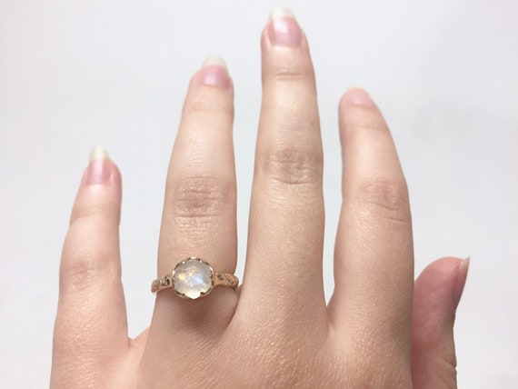 10k Yellow Gold 7mm Hexagonal Moonstone Solid Solitaire Ring with Natural Coral Texture Band
