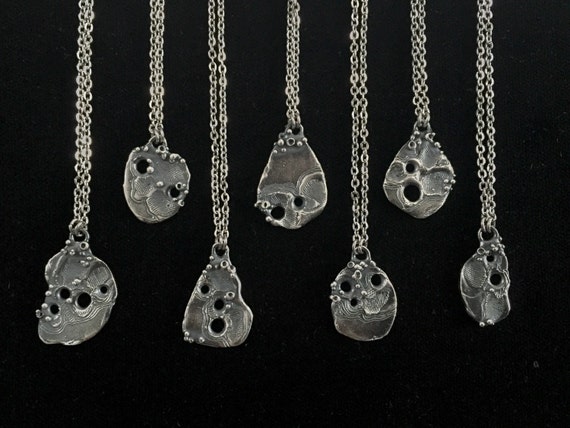 Organic Silver Pendant Tree Bark Dog Tag Oxidized Sterling Silver 925 Short Abstract Necklace with Adjustable Stainless Steel Chain