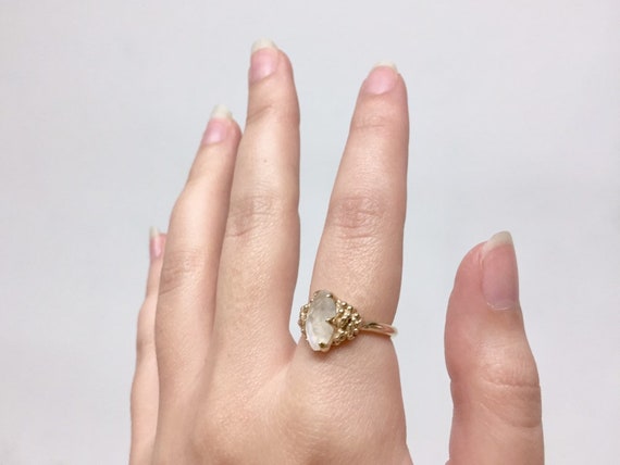 10k Yellow Gold Marquise Facet Moonstone Blue or Rainbow Flash 7x14mm Gem Solitaire Ring with Full Round Band and Bubbles