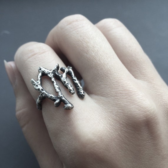 Silver Rune Ring Tree Branch Four Pillars of Strength Organic Black Oxidized Sterling Silver 925 Rune Ring