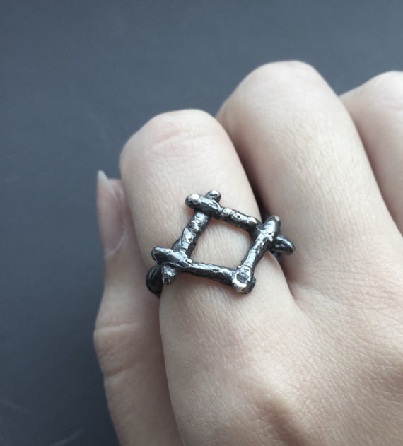 Unisex Ingwaz Harmony Organic Black Oxidized Sterling Silver Rune Ring