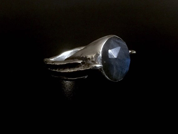 Dark Deconstructed Sparrow Claw Ring in Oxidized Sterling Silver and Deep Blue Labradorite