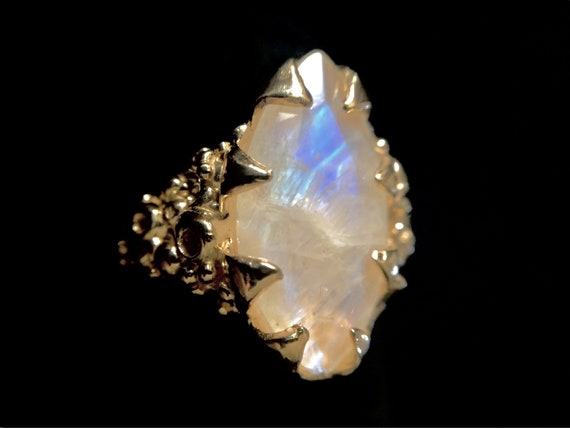 Rainbow Blue Flash Marquise Moonstone 14k Yellow Gold Solitaire Size 5 Unique Engagement or Statement Ring