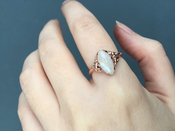 14k Rose Gold Marquise Facet Moonstone Blue or Rainbow Flash 7x14mm Gem Solitaire Ring with Full Round Band and Bubbles