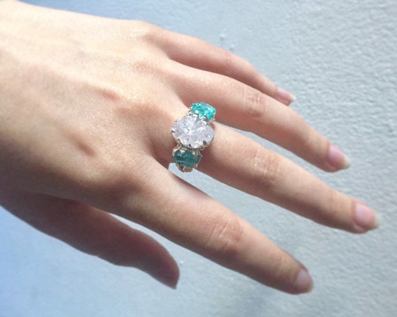 Triple Set Raw Rough Stone Ring Solid Sterling Silver White Morganite and Blue Apatite Mermaid Chunky Gemstone One of a Kind Ring