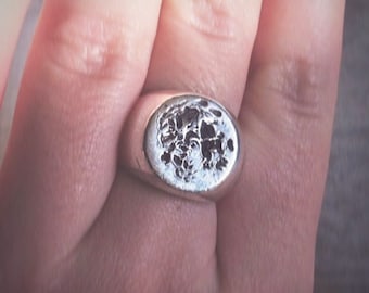 CRATER: Full Moon Club Lunar Face Phases Solid Sterling Silver 925 Signet Ring