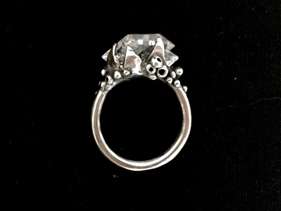 Black Tibetan Quartz Herkimer Diamond Cluster Ring Solitaire in Solid Sterling Silver and Lichen Details 925
