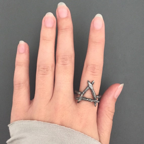 Unisex Fire/Water Alchemy Symbol Triangle Rune Ring in Dark Witchy Oxidized 925 Sterling Silver