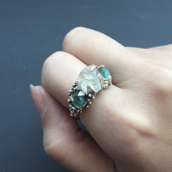 Mermaid Ring Raw Rough Stone Solid Sterling Silver White Topaz Apatite Mermaid Engagement Ring