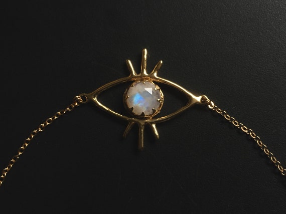 Third Eye Golden Brass Moonstone Necklace Pendant with 12mm Blue Rainbow Flash Choker Short Bib Collar