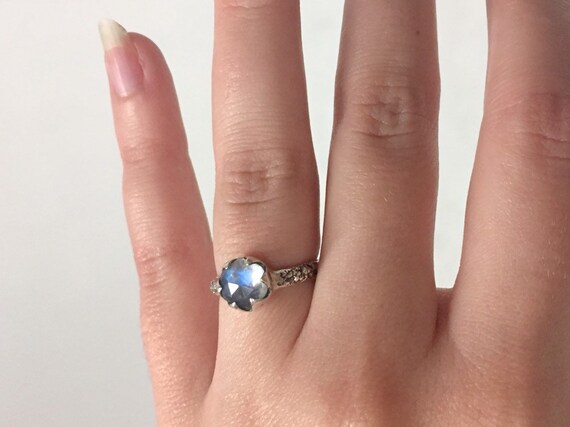 Oxidized Sterling Silver 7mm Hexagonal Moonstone Solitaire Ring with Natural Coral Texture Band