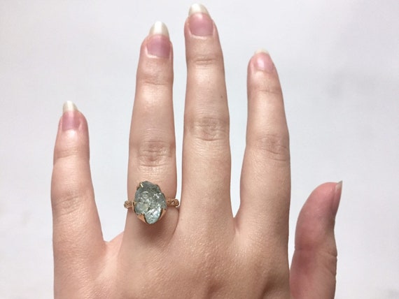 10k Yellow Gold Green Aquamarine Clear Raw Rough Gem Solitaire Ring with Natural Coral Texture Band