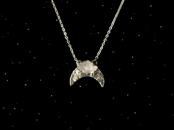 Quartz Pendant Crystal Crescent Moon Necklace Sterling Silver Smokey Phantom Clear Quartz with Inclusions Adjustable Stainless Steel Chain