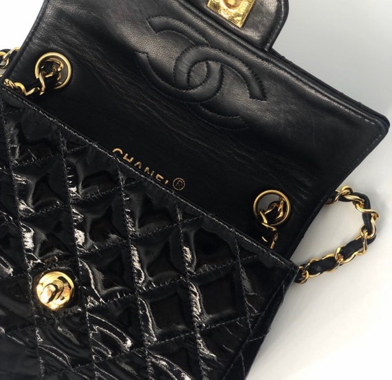 Chanel Classic Flap Supermodel Flat Top Super Rare Quilted Black Patent Leather Crossbody Bag