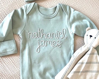 Hand Embroidered Newborn Knotted Baby Gown- Custom first middle name - Personalized Baby Shower Gift - baby announcement