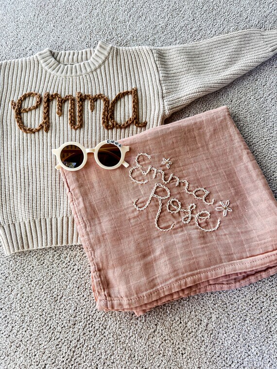 Hand Embroidered Baby Swaddle Custom Name Swaddle Blanket