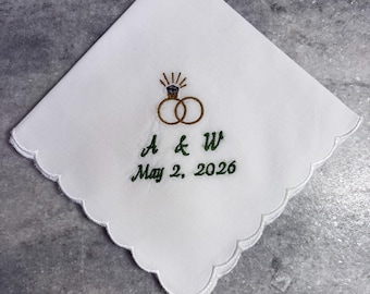 Personalized Wedding Handkerchief - Custom Bride & Groom Initials - Intertwined Rings Design - Wedding Date Keepsake