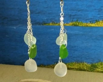Waterfall earrings of blue, green and frosted white seaglass on sterling silver