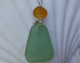 Seafoam green and gold Maui seaglass and sterling silver pendant