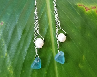 Genuine blue Maui seaglass and freshwater pearls on sterling silver